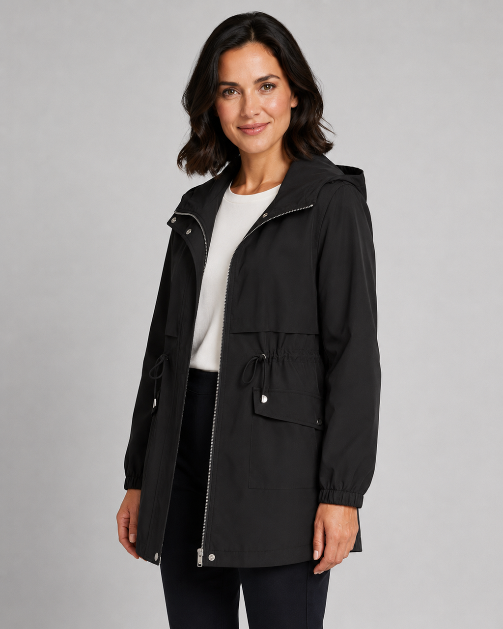 Beige hooded windbreaker coat