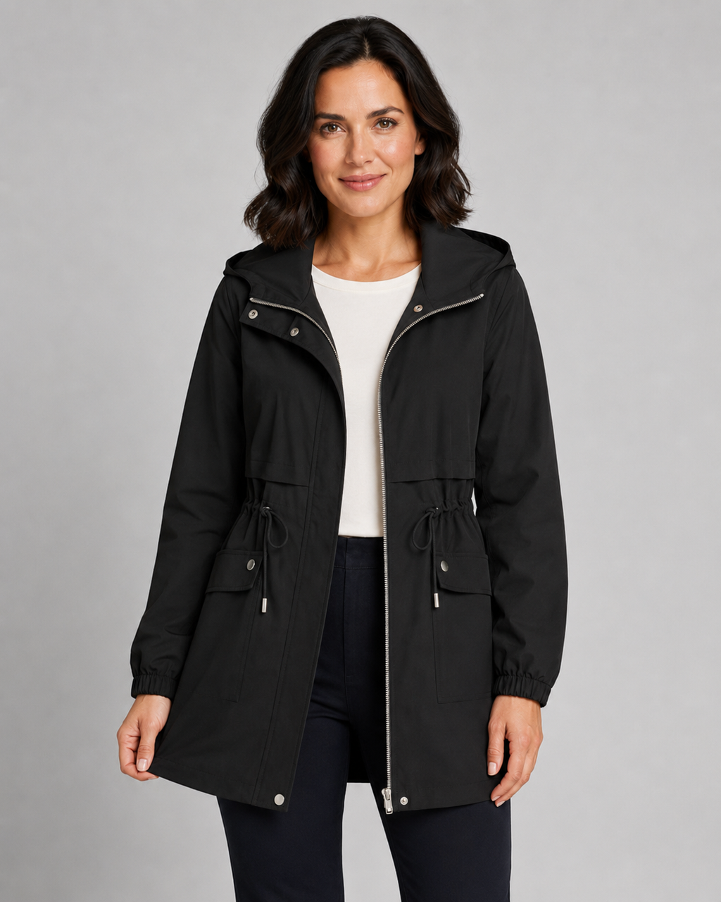 Beige hooded windbreaker coat