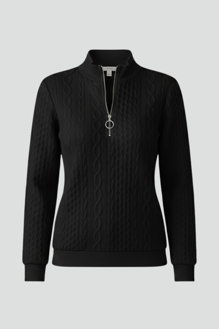 Black cable knit zip-neck jumper, front view