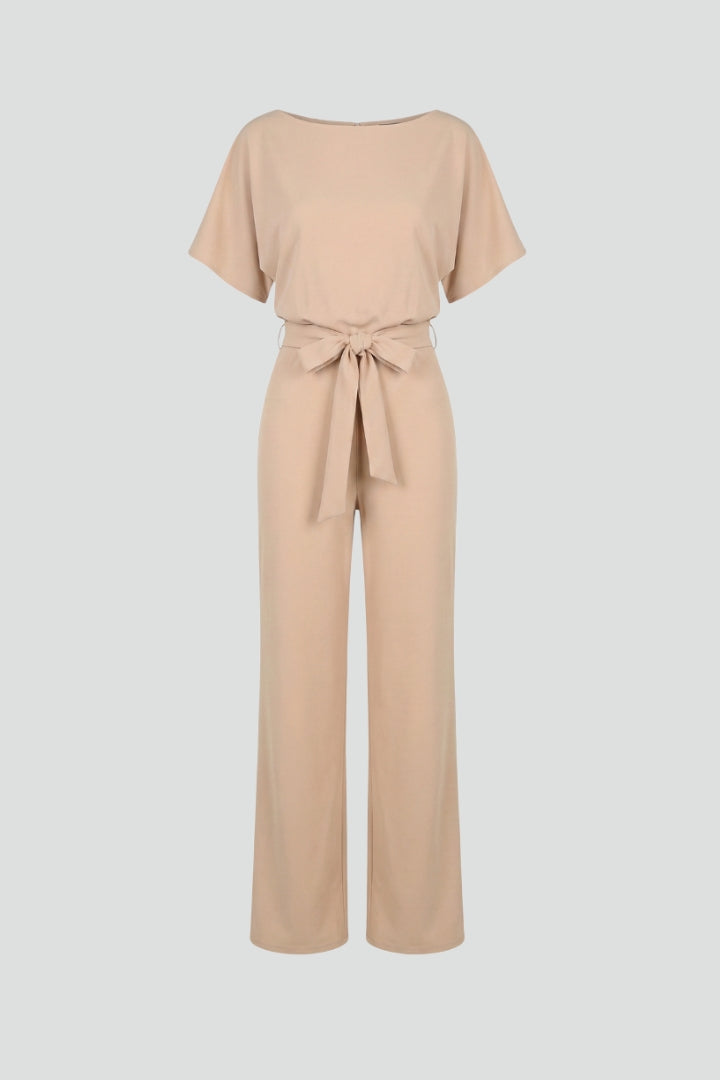 Beige round neck tie-waist jumpsuit, front view