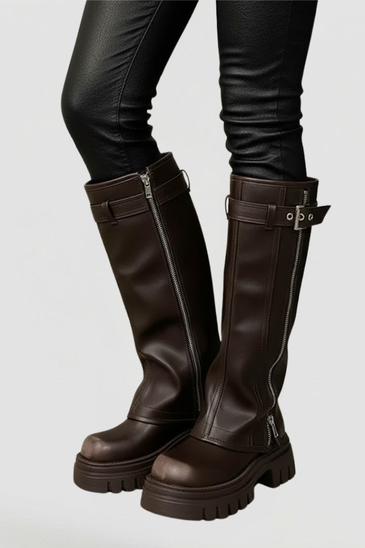 High shaft platform round toe knee high boots with a side zip