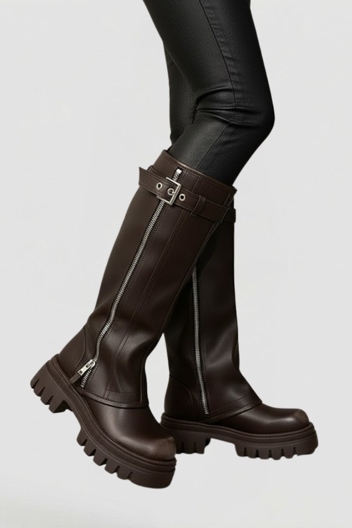 High shaft platform round toe knee high boots with a textured sole
