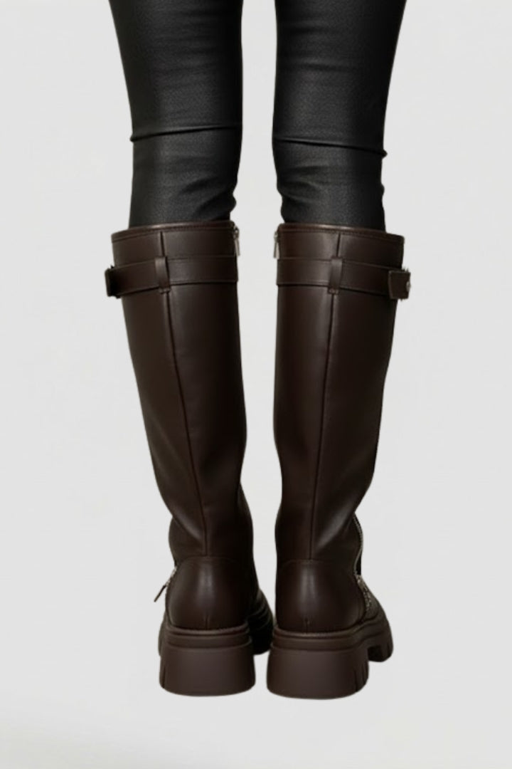 High shaft platform round toe knee high boots with a side zip