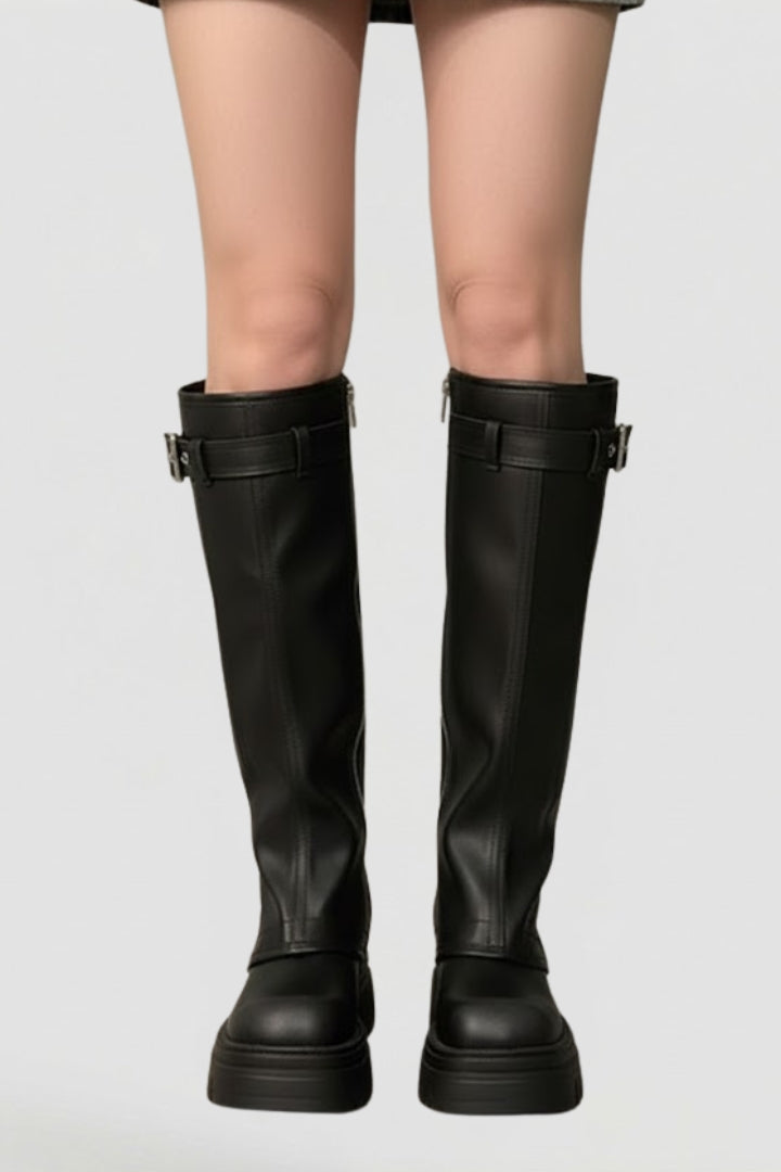High shaft platform round toe knee high boots with a textured sole