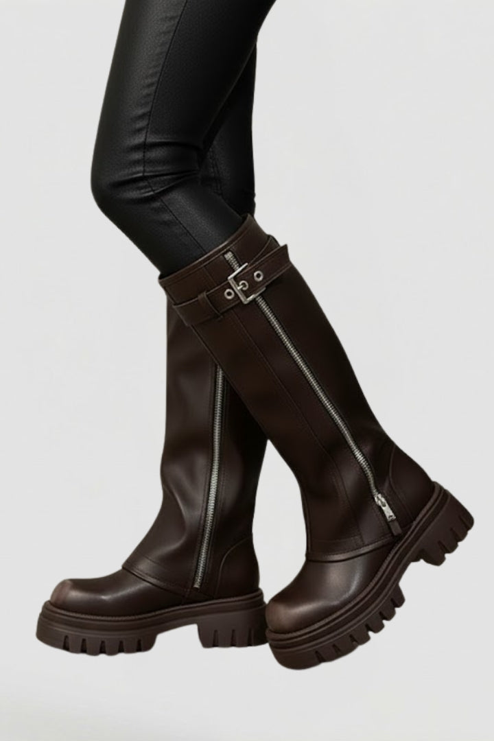 High shaft platform round toe knee high boots with a platform sole
