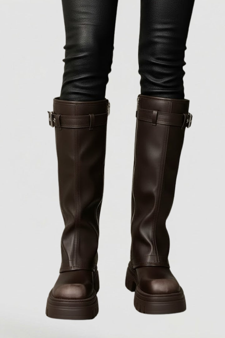 High shaft platform round toe knee high boots with a platform sole