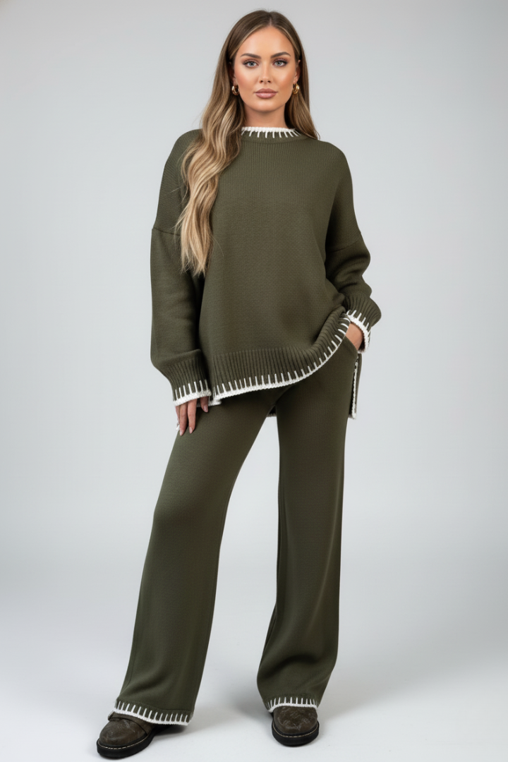 Women’s Knit Lounge Set with Relaxed Top and Wide-Leg Trousers