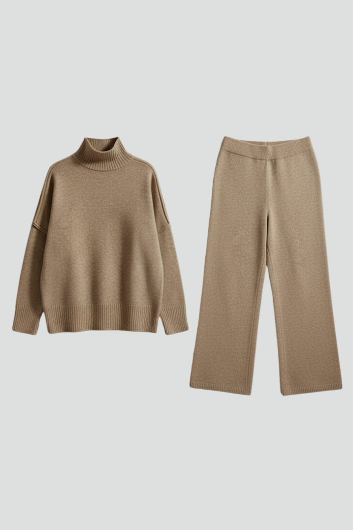 Women’s Knitted Set with Polo Neck Jumper and Wide-Leg Trousers