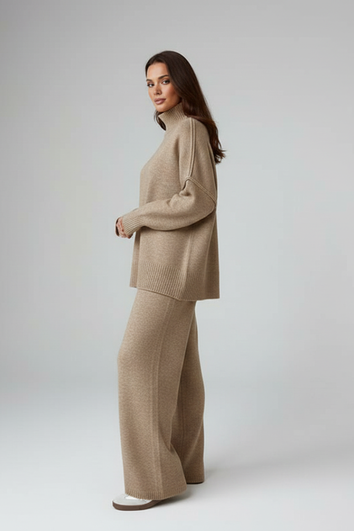 Women’s Knitted Set with Polo Neck Jumper and Wide-Leg Trousers