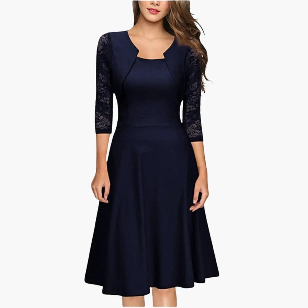 Lace sleeve flared A-line midi dress, full-length back view