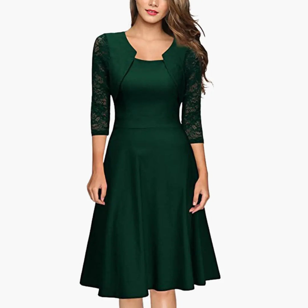 Lace sleeve midi dress with fitted bodice and defined waist, side view