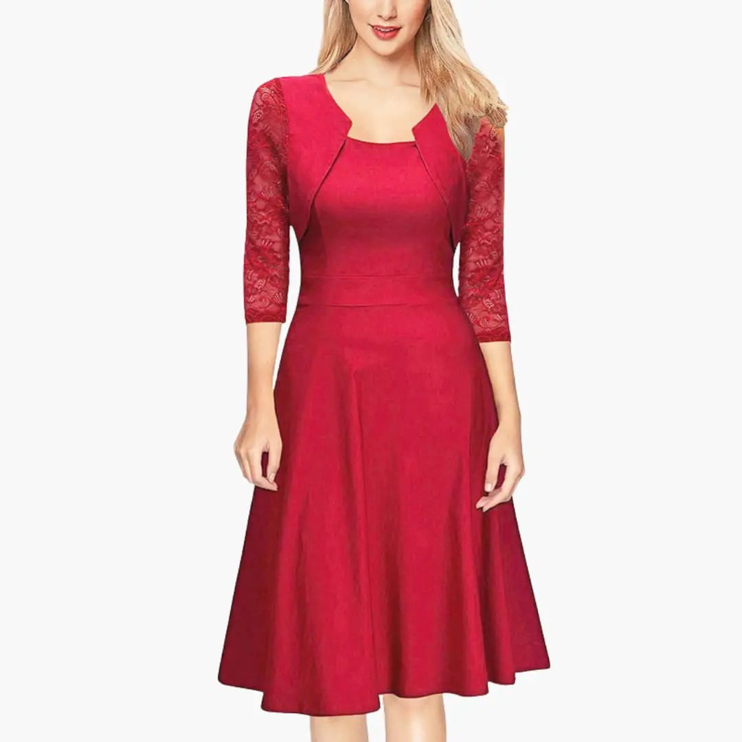 Flared A-line midi dress with delicate long lace sleeves, three-quarter view