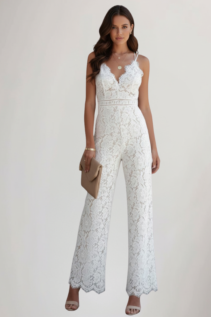 Sleeveless Lace V-Neck Wide-Leg Jumpsuit — worn on model