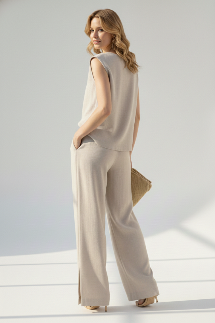 Women’s Linen Set with Sleeveless Top and Wide-Leg Trousers