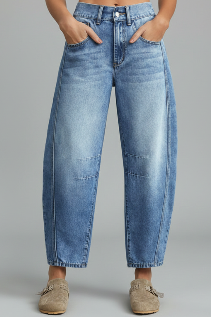 Blue Low-Waist Straight-Leg Denim Jeans — worn on model