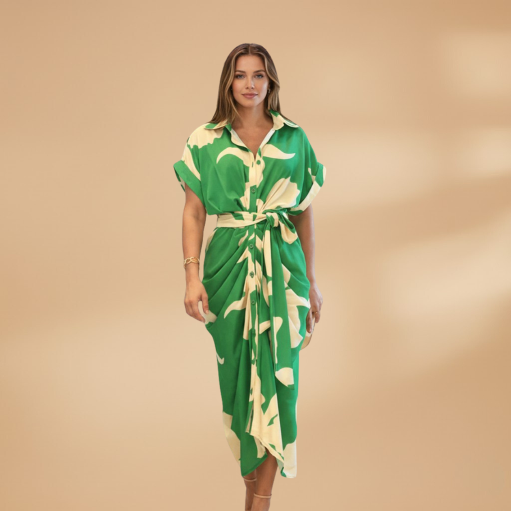 Front view of women's collared midi dress with tie waist