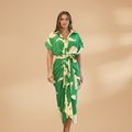 Front view of women's collared midi dress with tie waist