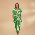 Front view of women's collared midi dress with tie waist