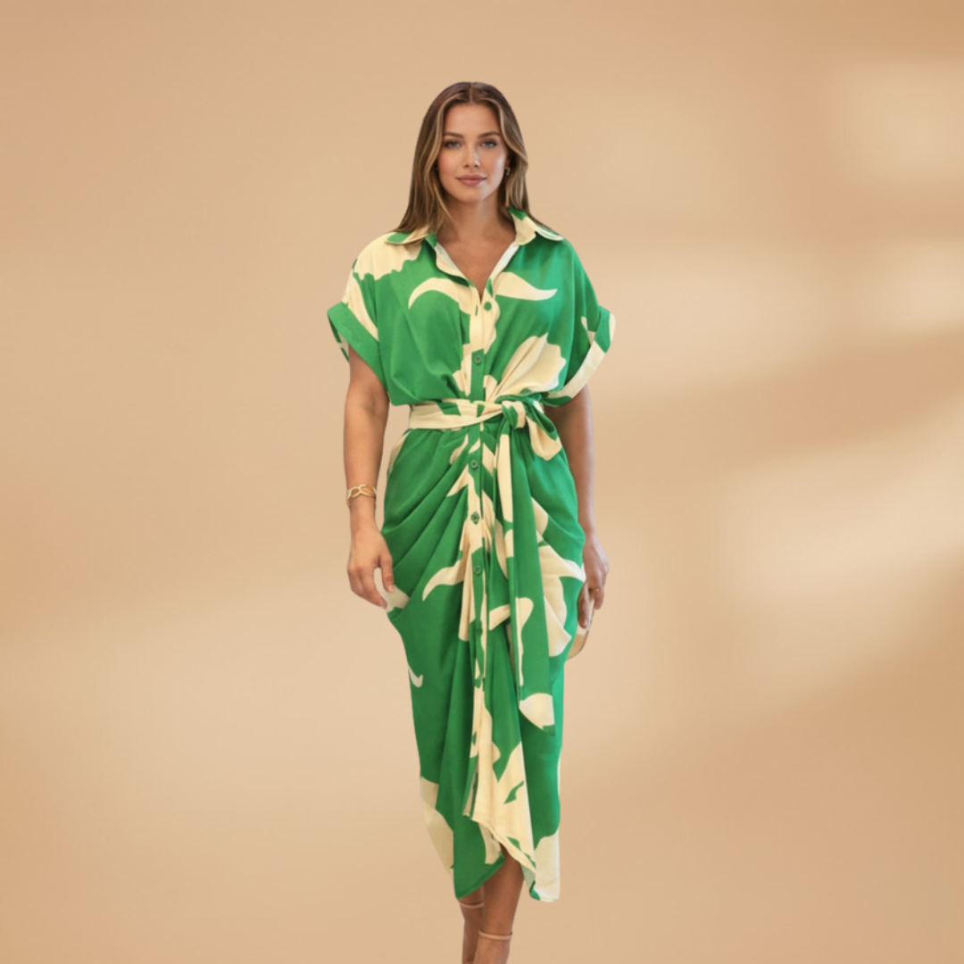 Front view of women's collared midi dress with tie waist