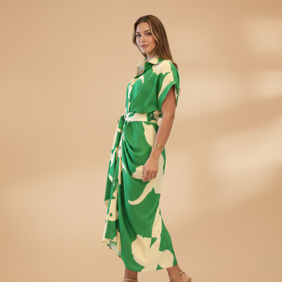 Women's button-up midi dress with short sleeves and collar