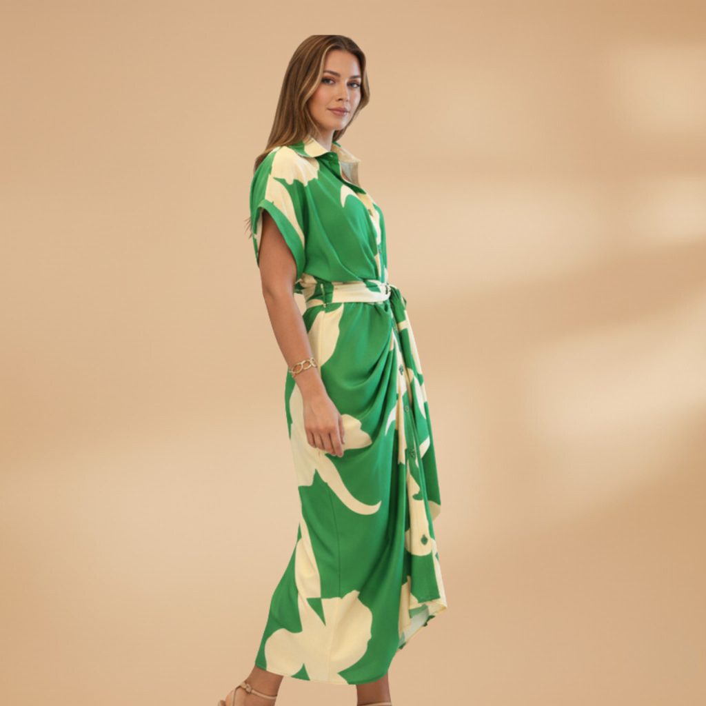 Close-up of tie waist detail on women's collared midi dress
