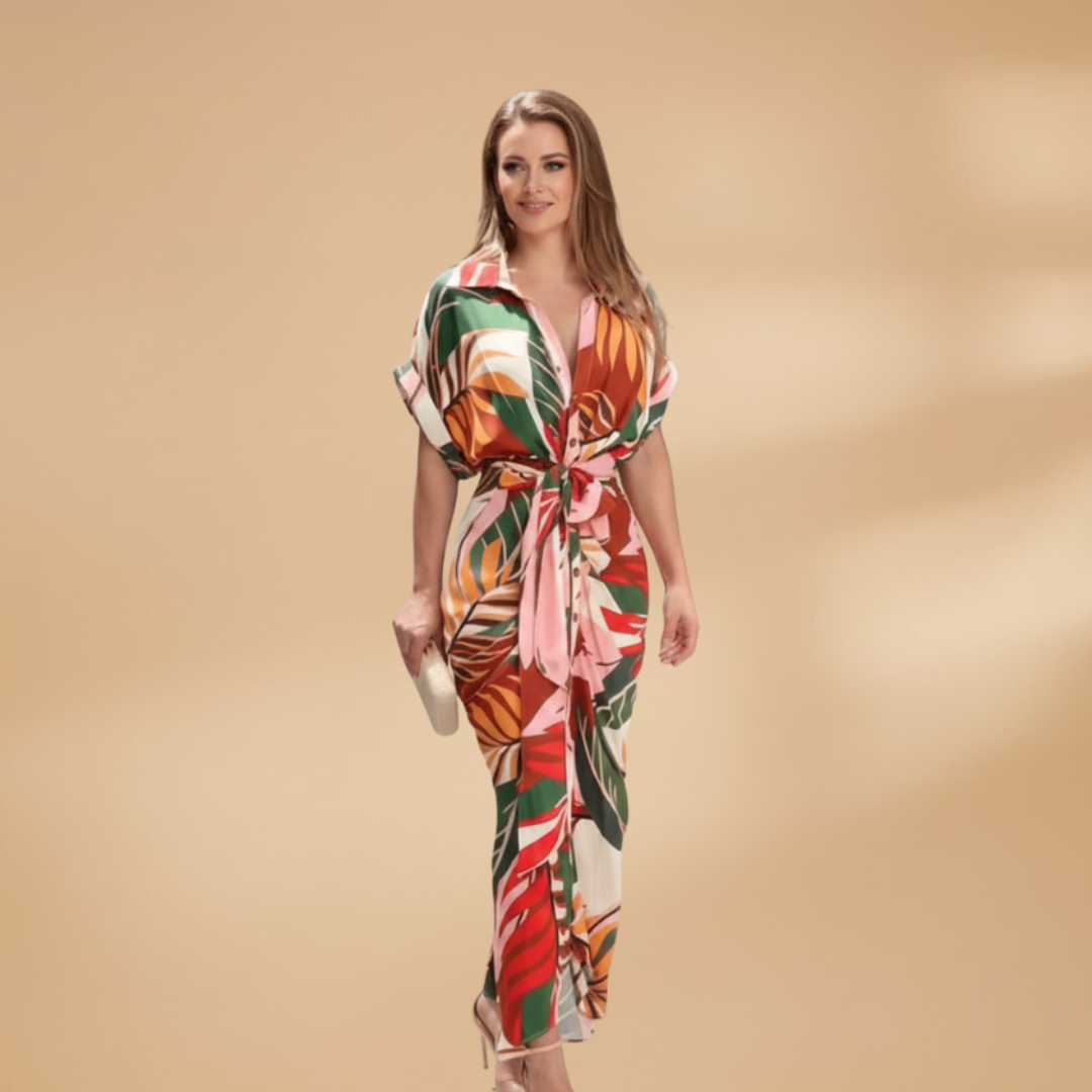 Women's collared short sleeve midi dress office style