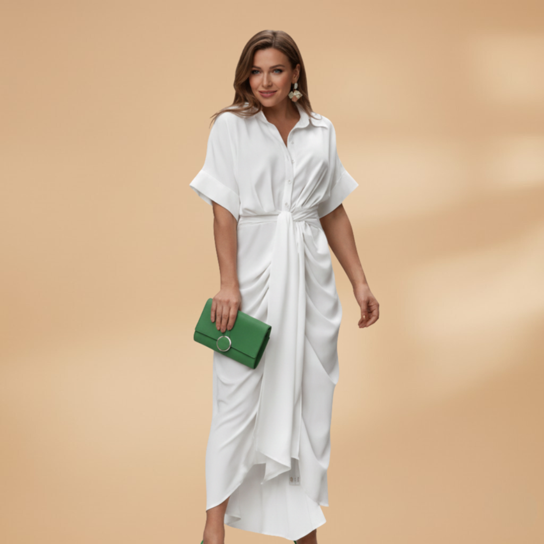 Side view of women's button-up tie waist midi dress