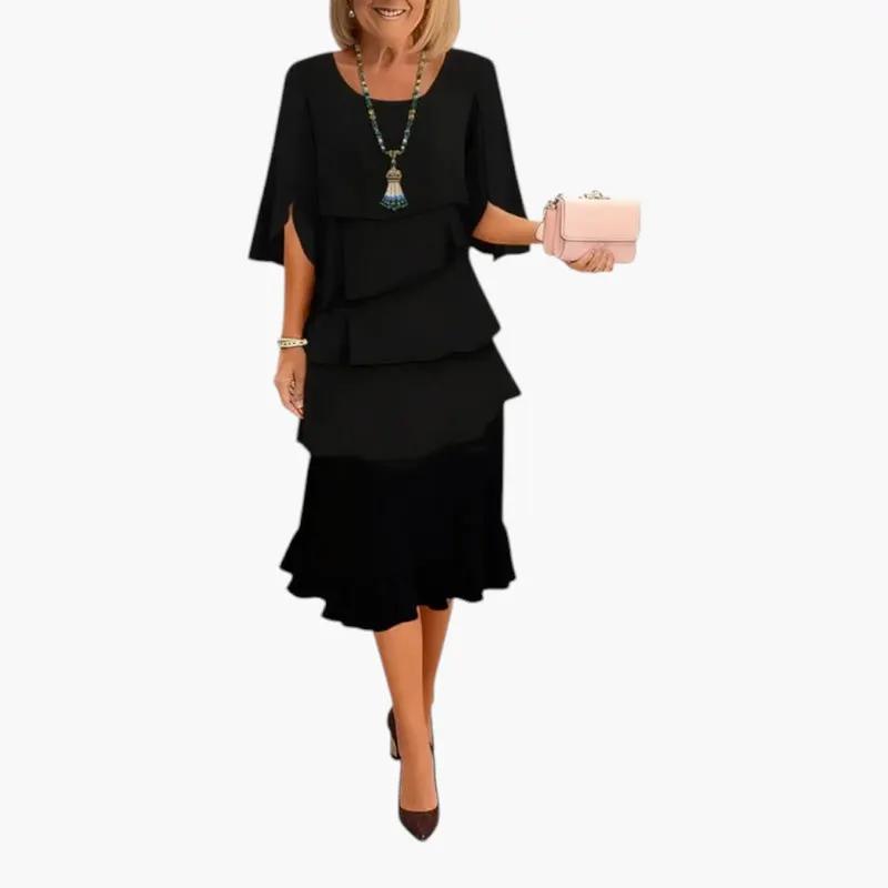 Round neck ruffle split sleeve wedding guest midi dress in black, elegant front view