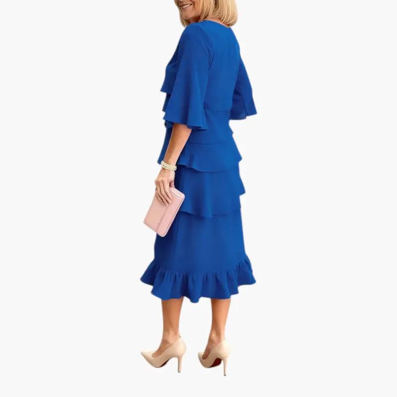 Round neck ruffle sleeve midi dress, full outfit styled view