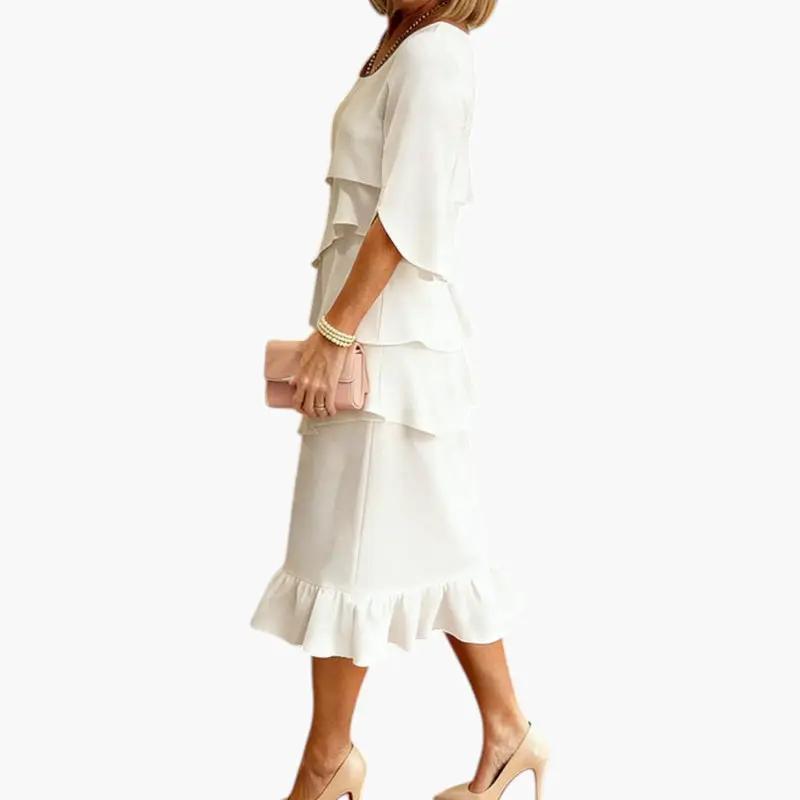 A-line midi dress with split sleeves and ruffle accents, movement shot