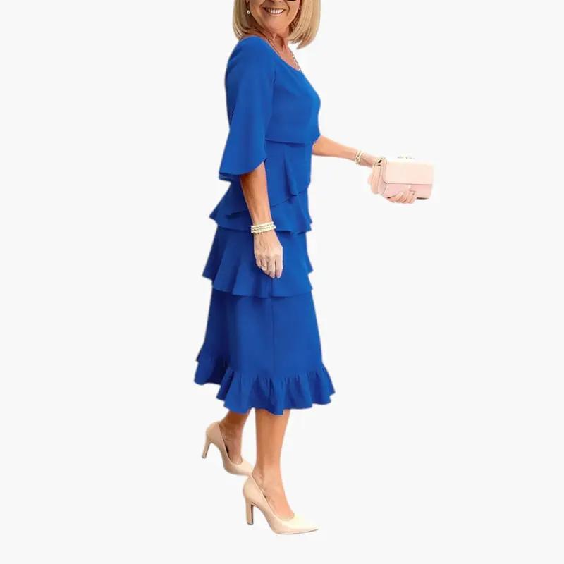 Women's elegant split sleeve midi dress with ruffle detail, back view