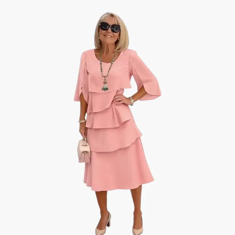 Women's cotton round neck midi dress with ruffle detail, back view