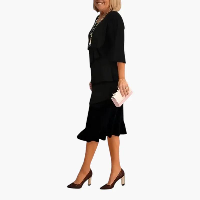Round neck midi dress with dramatic split sleeves, three-quarter view