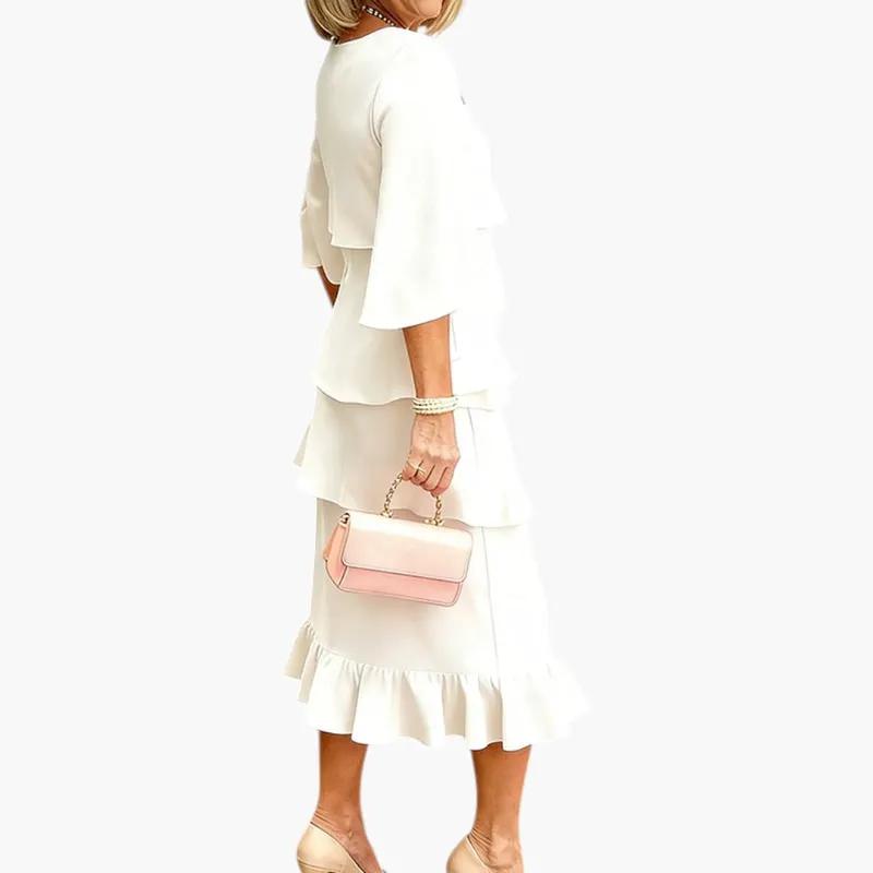 Wedding guest midi dress with ruffle sleeves, full-length view