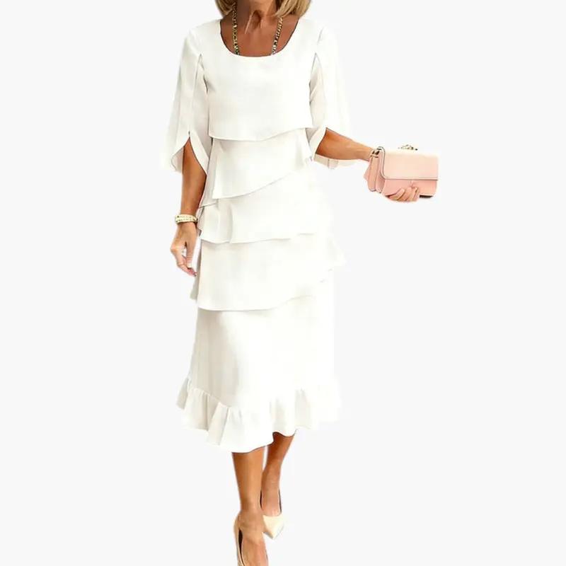 Ruffle detail midi dress in white, front view
