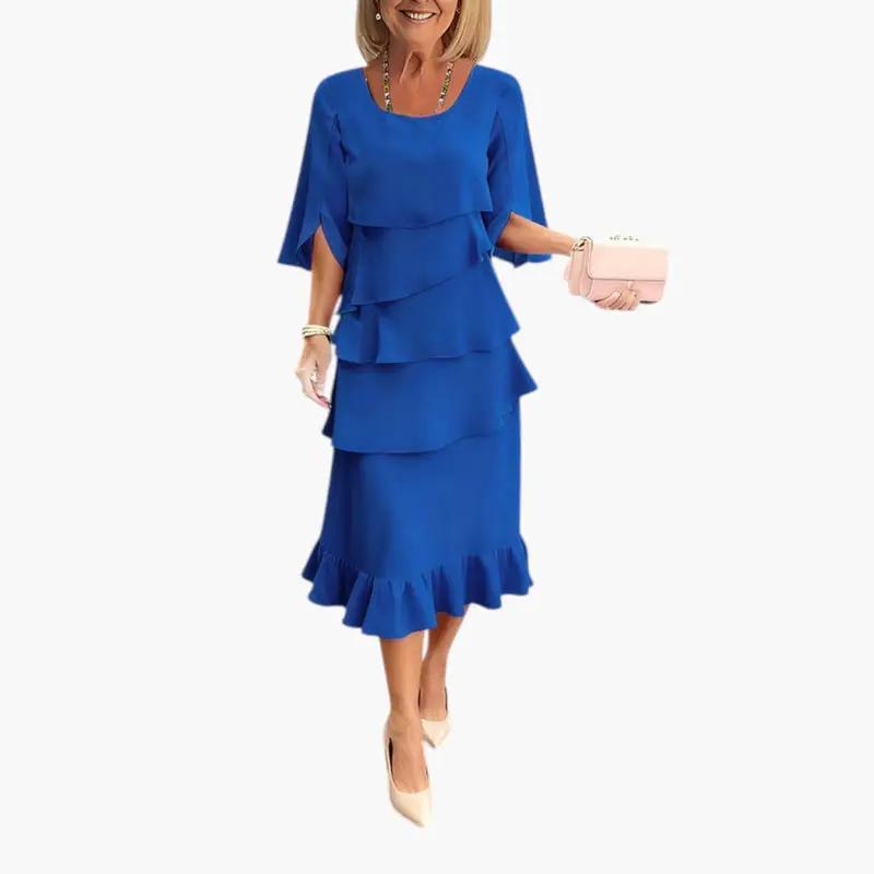 Cotton ruffle midi dress in blue, front view