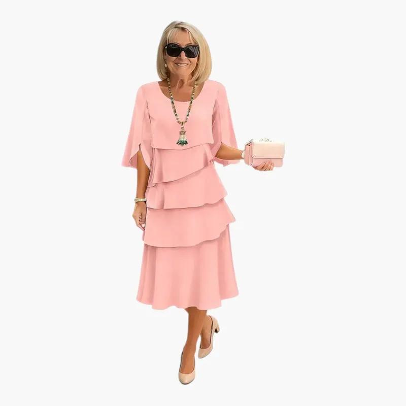 Women's cotton blend midi dress with defined waist and A-line skirt, side profile