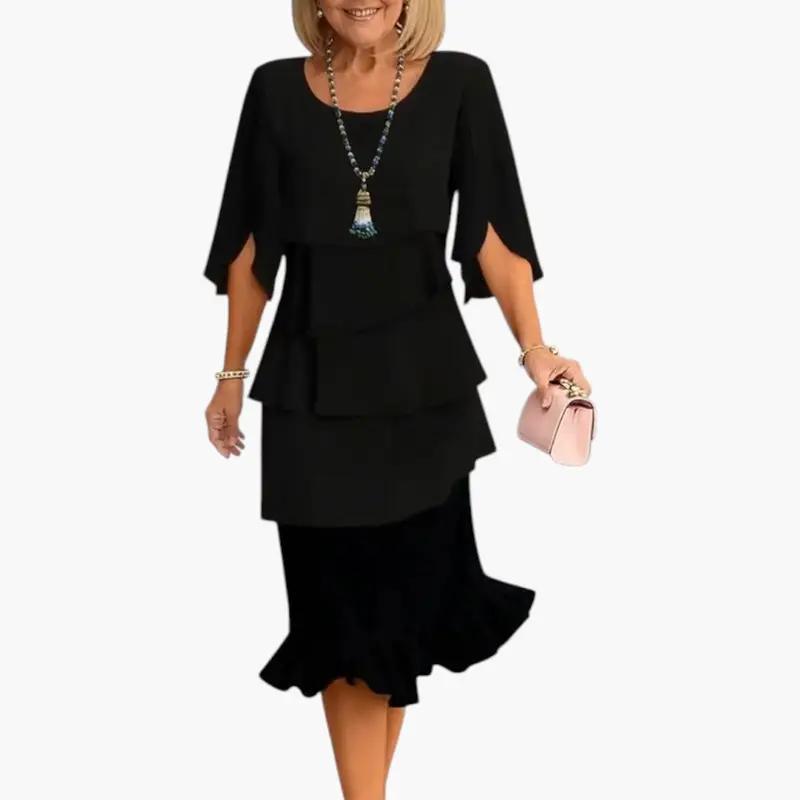 Ruffle split sleeve midi dress showing A-line skirt and defined waist, side view