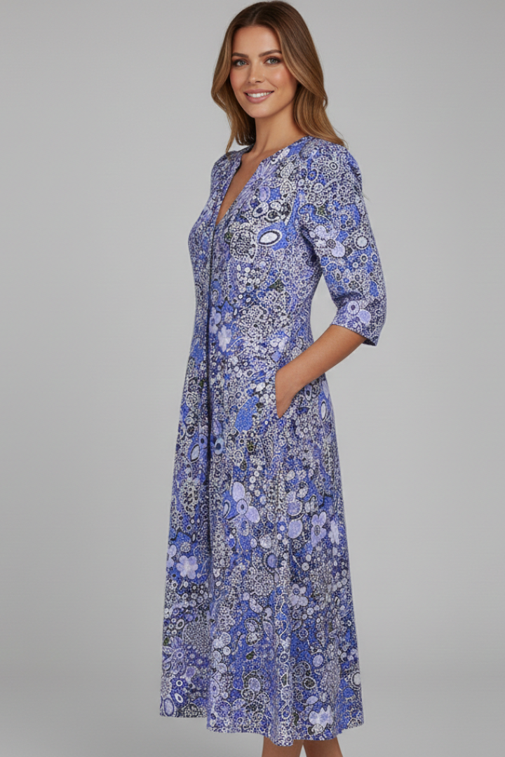 Midi dress with V-neck and three-quarter sleeves in rose red, front view