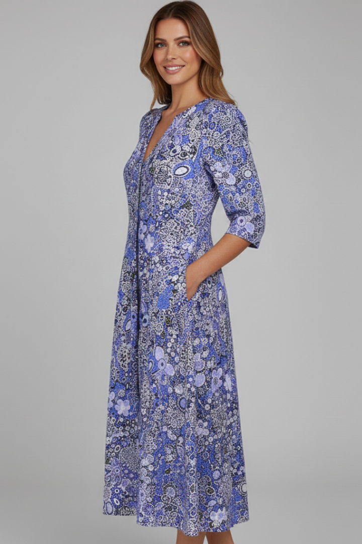 Midi dress with V-neck and three-quarter sleeves in blue, back view