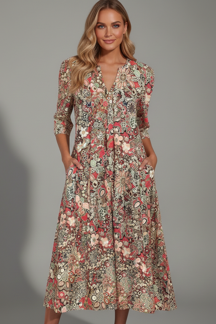 Midi dress with V-neck and three-quarter sleeves in red, back view