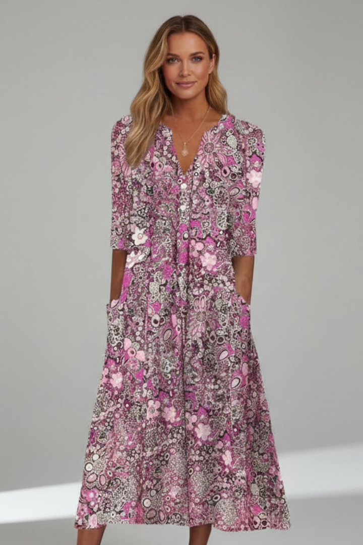 Midi dress with V-neck and three-quarter sleeves, lifestyle view