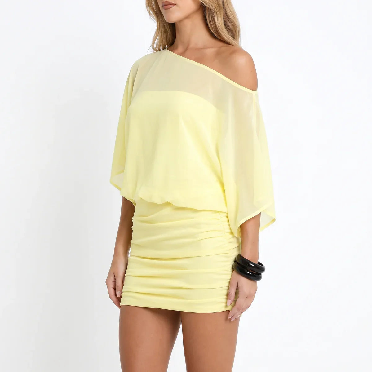 Off-Shoulder Ruched Mini Dress in Yellow, front view