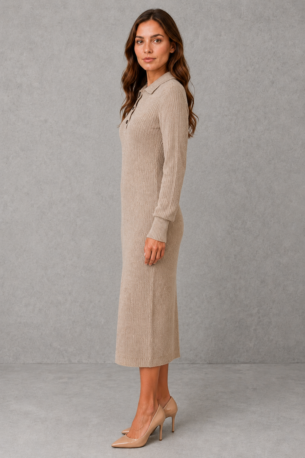 Polo neck button placket knitted midi jumper dress with a polo neck collar