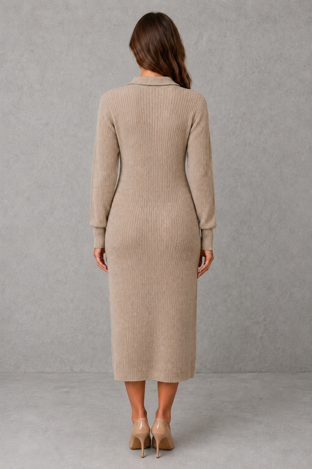Polo neck button placket knitted midi jumper dress with soft textured knit