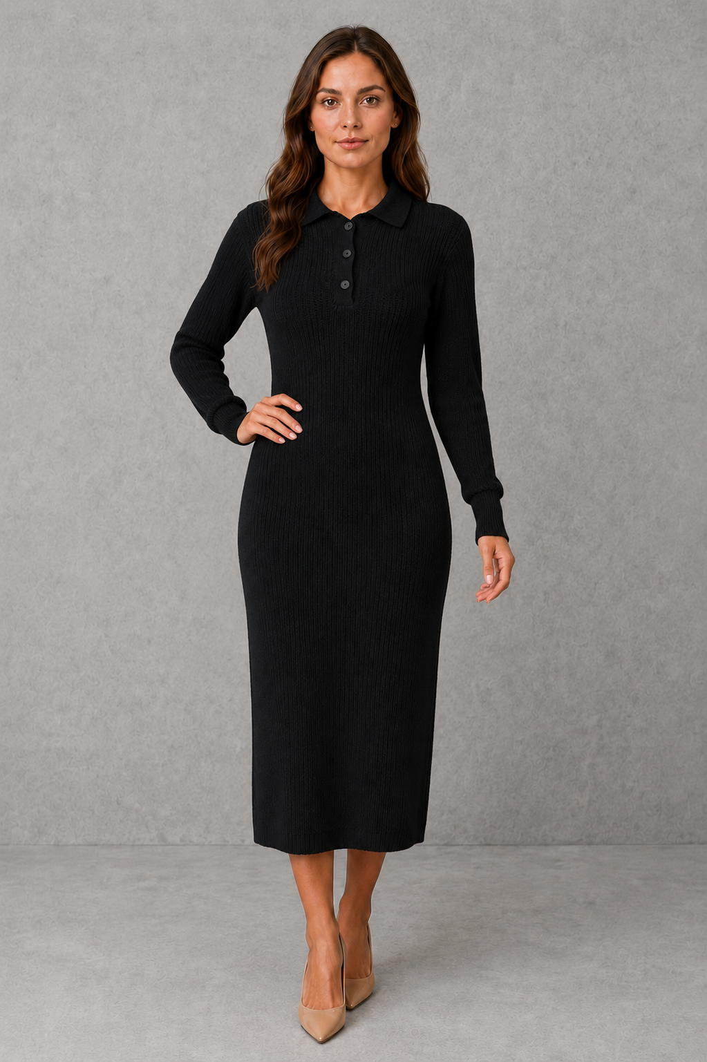 Polo neck button placket knitted midi jumper dress with a polo neck collar