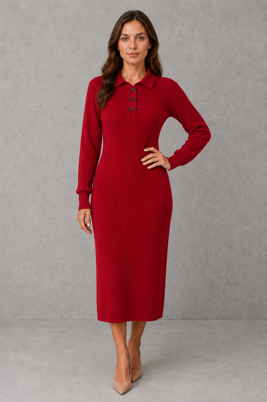 Polo neck button placket knitted midi jumper dress with a relaxed straight silhouette