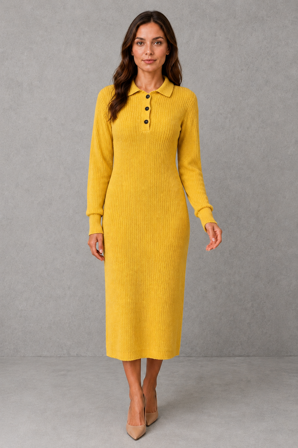 Polo neck button placket knitted midi jumper dress with soft textured knit