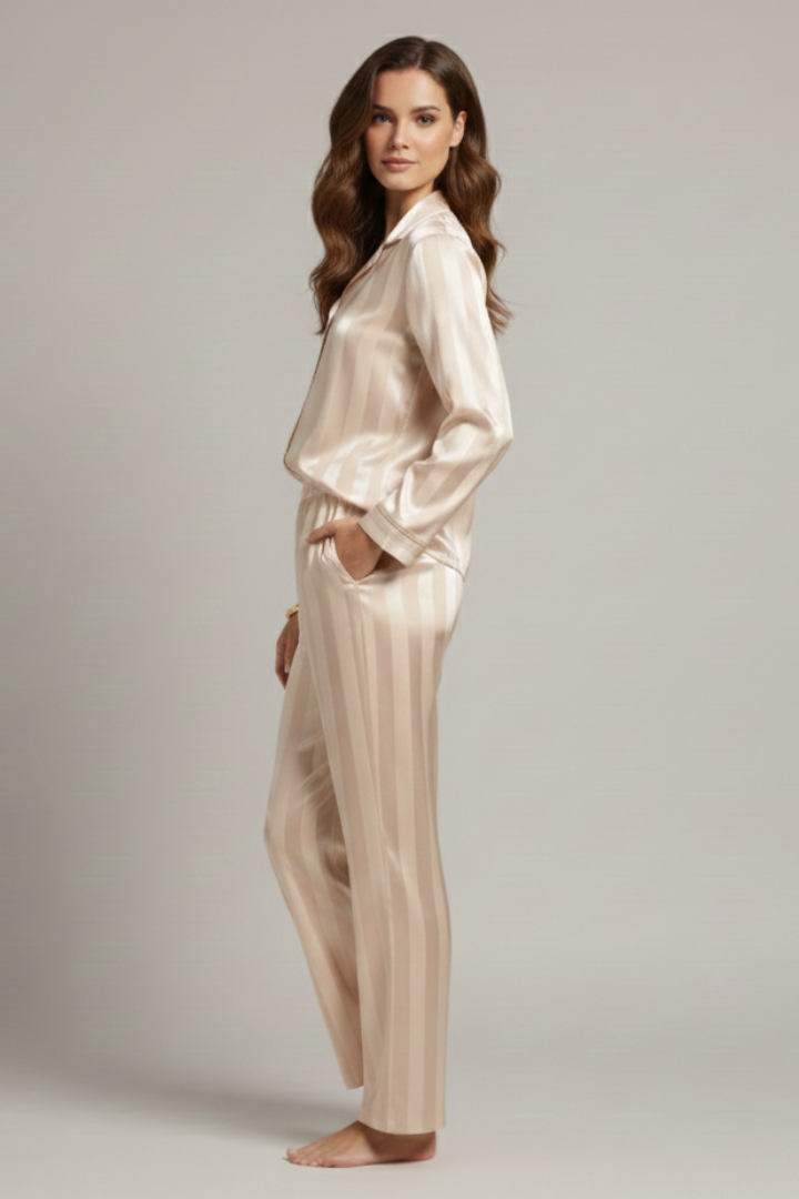 Women’s Satin Pajama Set with Button-Down Shirt and Straight-Leg Pants