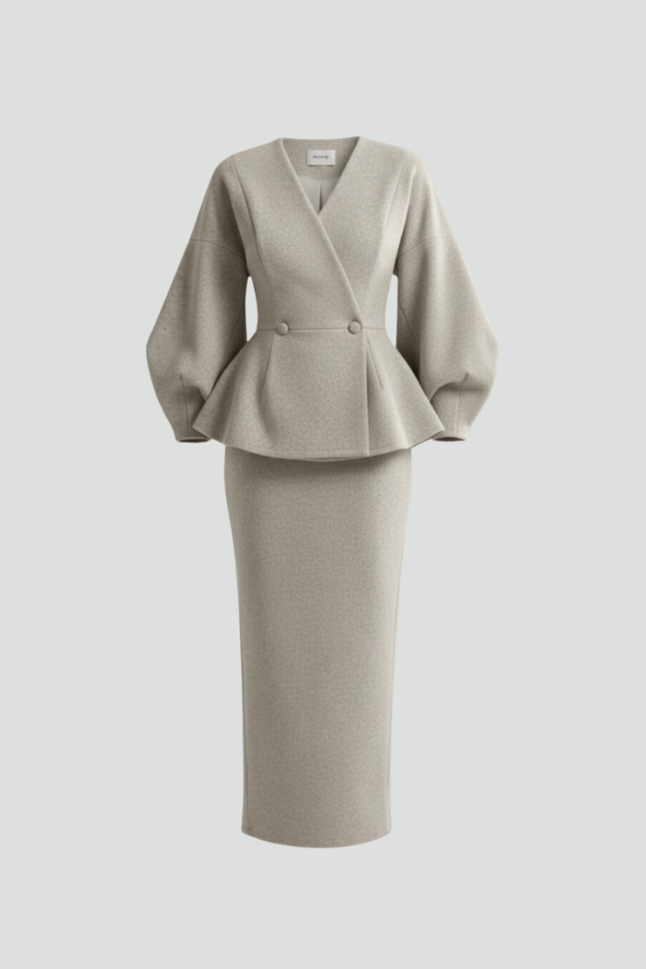 Puff sleeve blazer and midi skirt co-ord set in Beige, front view